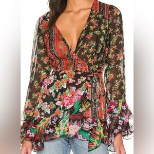 NWT Free People Magic Hour Wrap Top in Black Floral Size M
